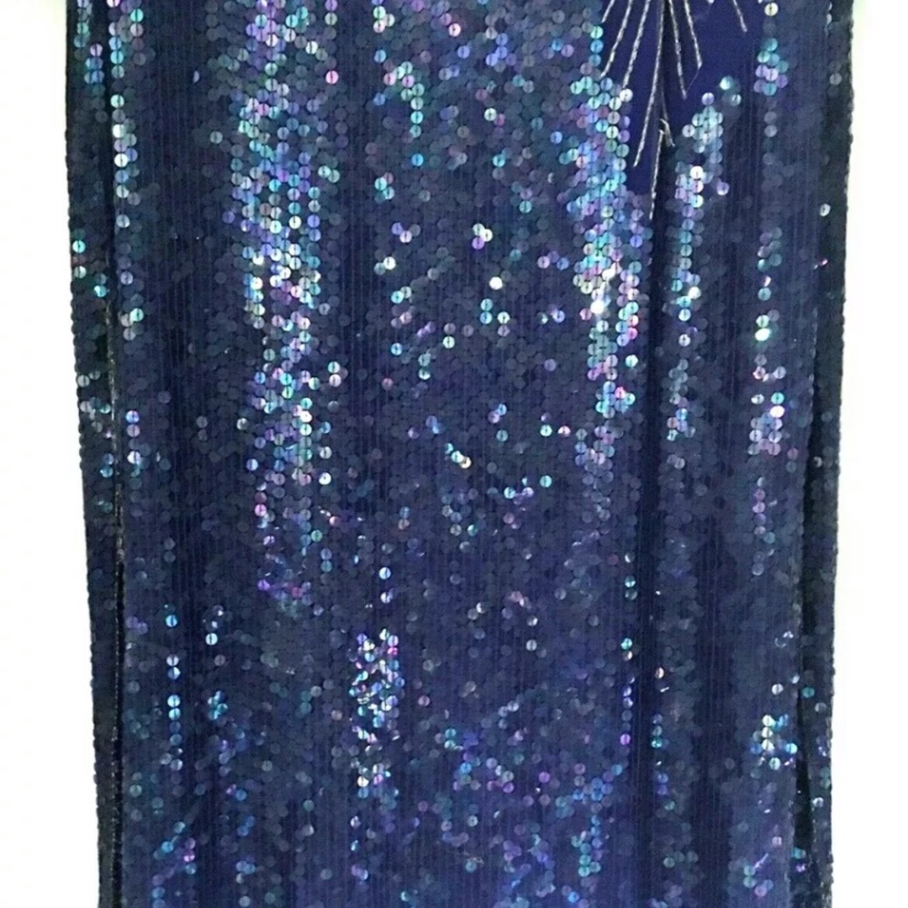 Vintage Royal Blue Sequin Beaded Dress Lined Shoulder Pads Mesh Pink Gold Gatsby - Picture 4 of 13